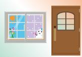 左に窓があり、窓の左側が夏の風景、右に雪だるまと冬の風景。右側にはドアがある。